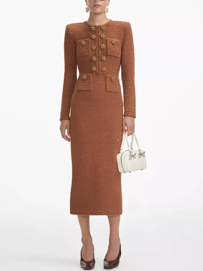 Decorative-Button-Embellished Brown Knit Midi Dress - Dresses