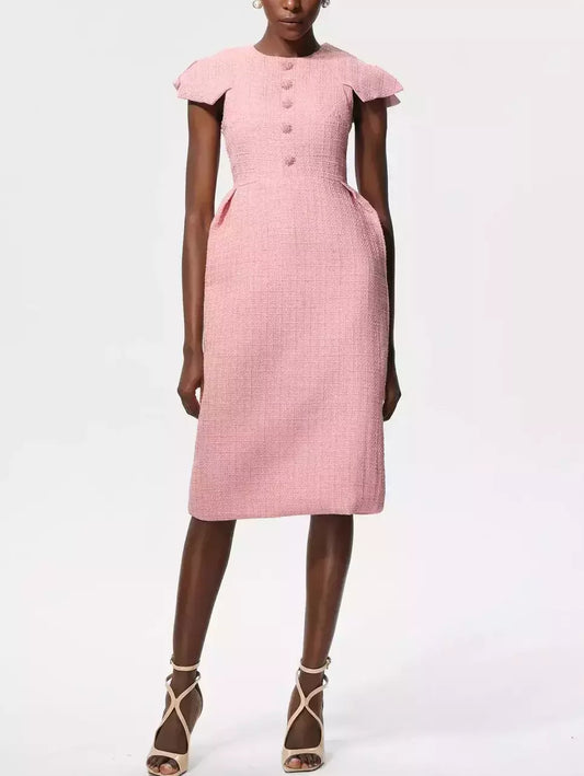 Decorative Button Pink Tweed Midi Dress - Small - Dresses