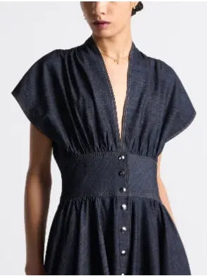 Deep Blue Cotton Denim Flared Mid-Length Dress - Dresses