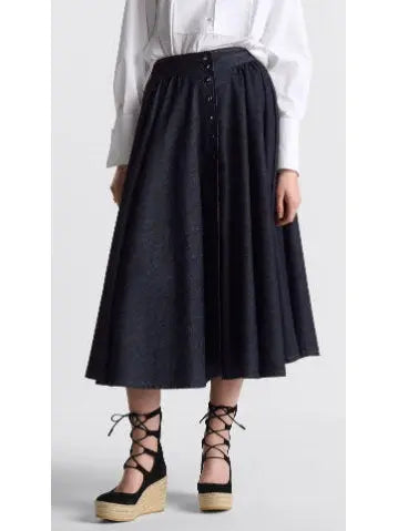 Deep Blue Cotton Denim Mid-Length Skirt with Snaps - Skirts