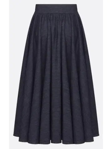 Deep Blue Cotton Denim Mid-Length Skirt with Snaps - Skirts