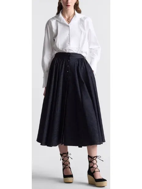 Deep Blue Cotton Denim Mid-Length Skirt with Snaps - Skirts