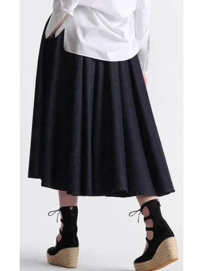 Deep Blue Cotton Denim Mid-Length Skirt with Snaps - Skirts