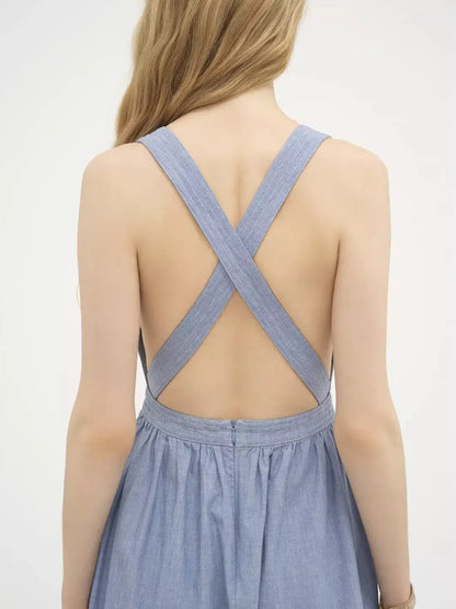 Denim Chambray Cotton Backless Dress - Dresses