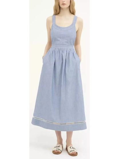 Denim Chambray Cotton Backless Dress - Dresses