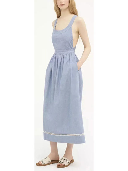 Denim Chambray Cotton Backless Dress - Dresses