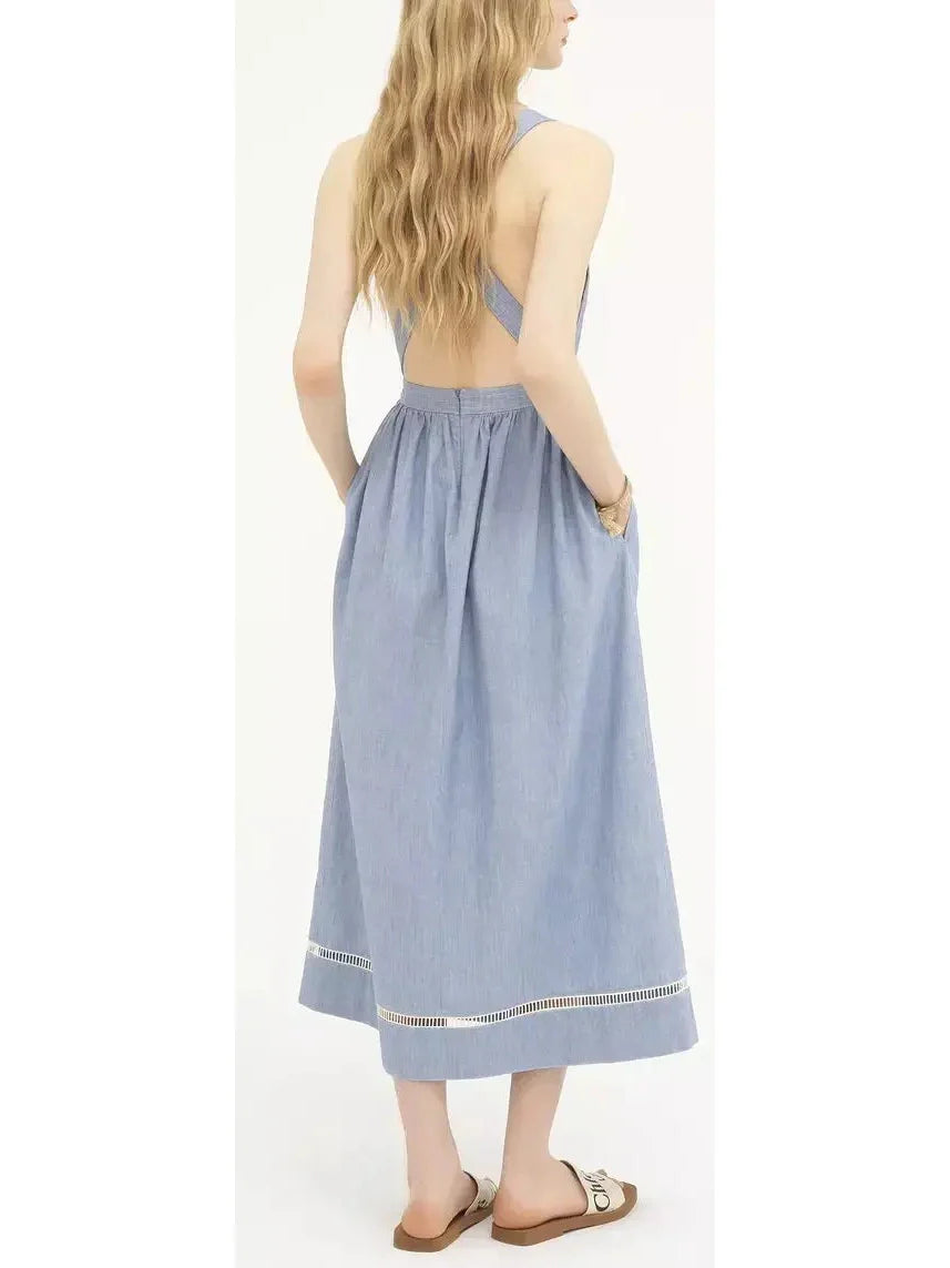 Denim Chambray Cotton Backless Dress - Dresses