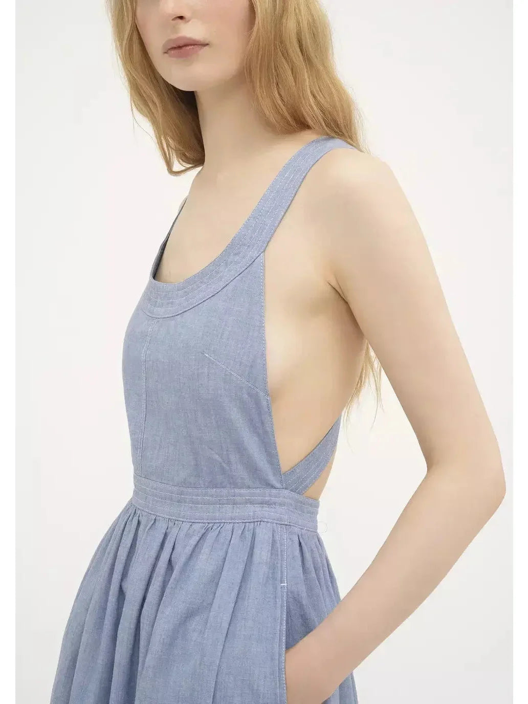 Denim Chambray Cotton Backless Dress - Dresses