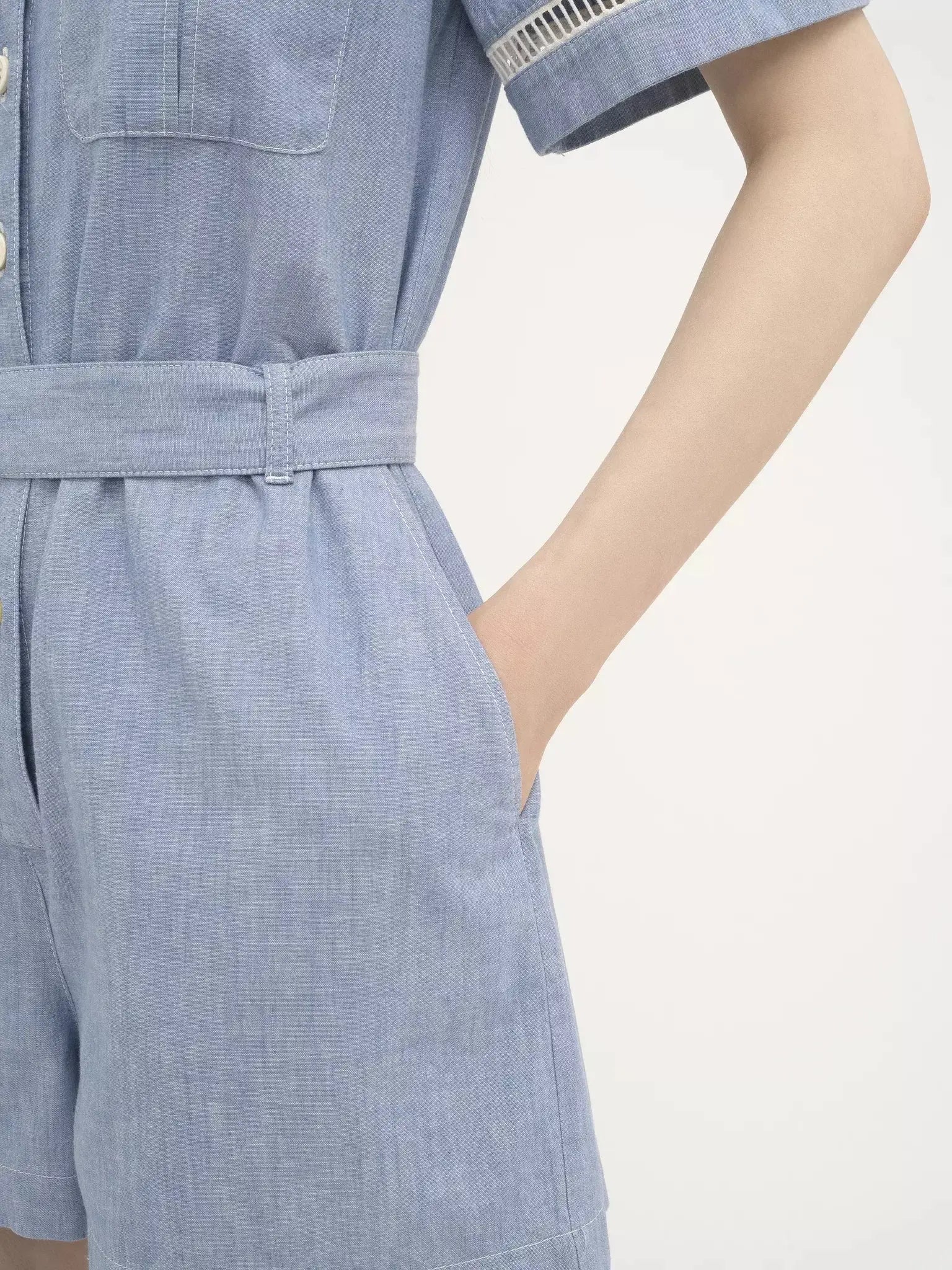 Denim Chambray Short-Sleeve Jumpsuit - Suits & Sets