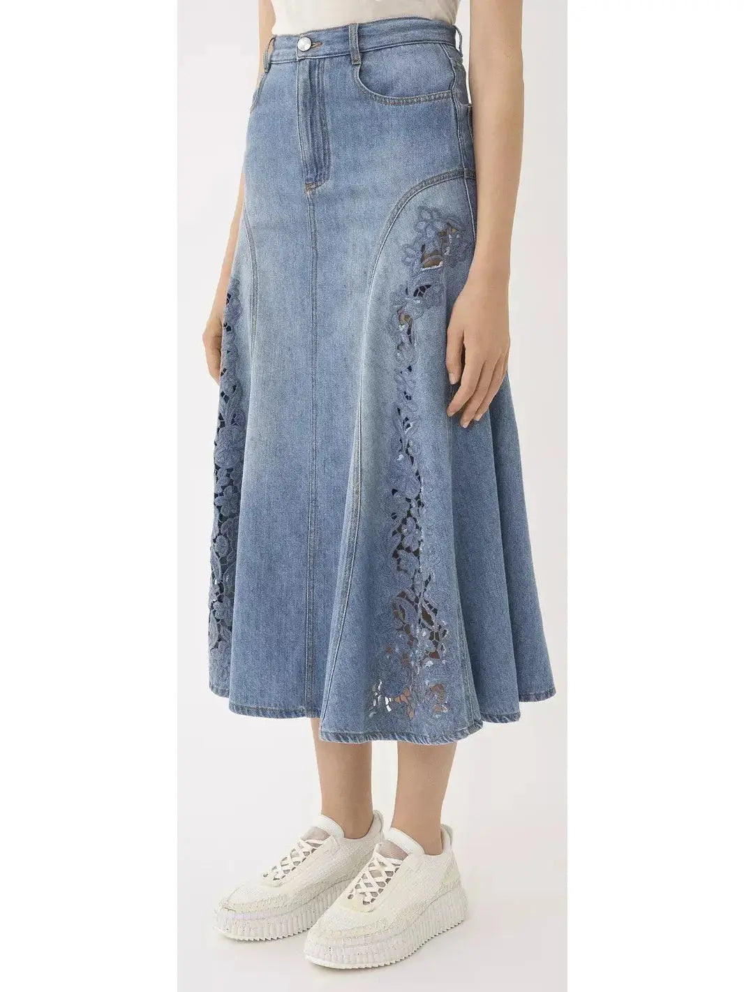 Denim Flared Vintage-Wash Laser-Cut Midi Skirt - Skirts