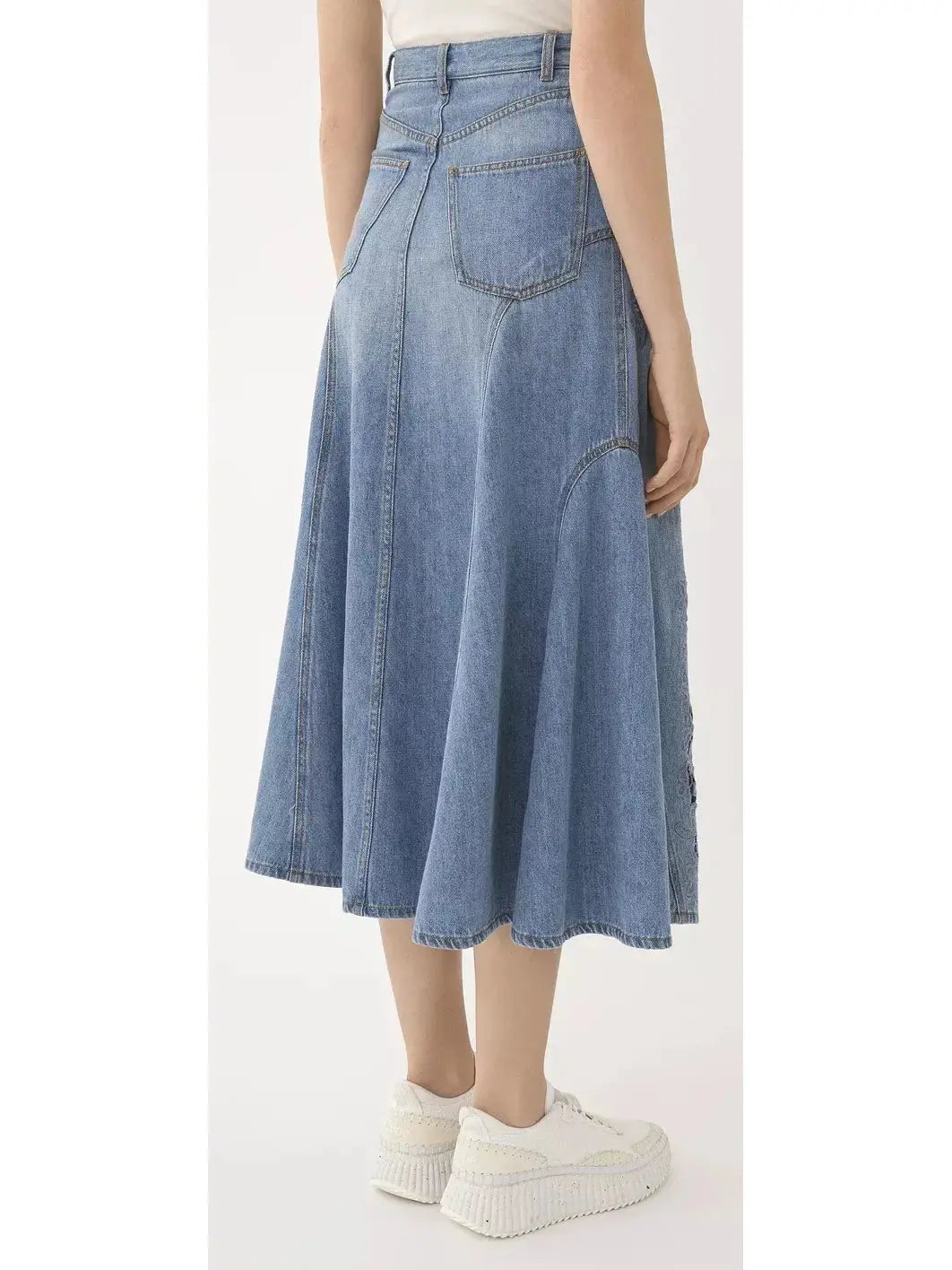 Denim Flared Vintage-Wash Laser-Cut Midi Skirt - Skirts