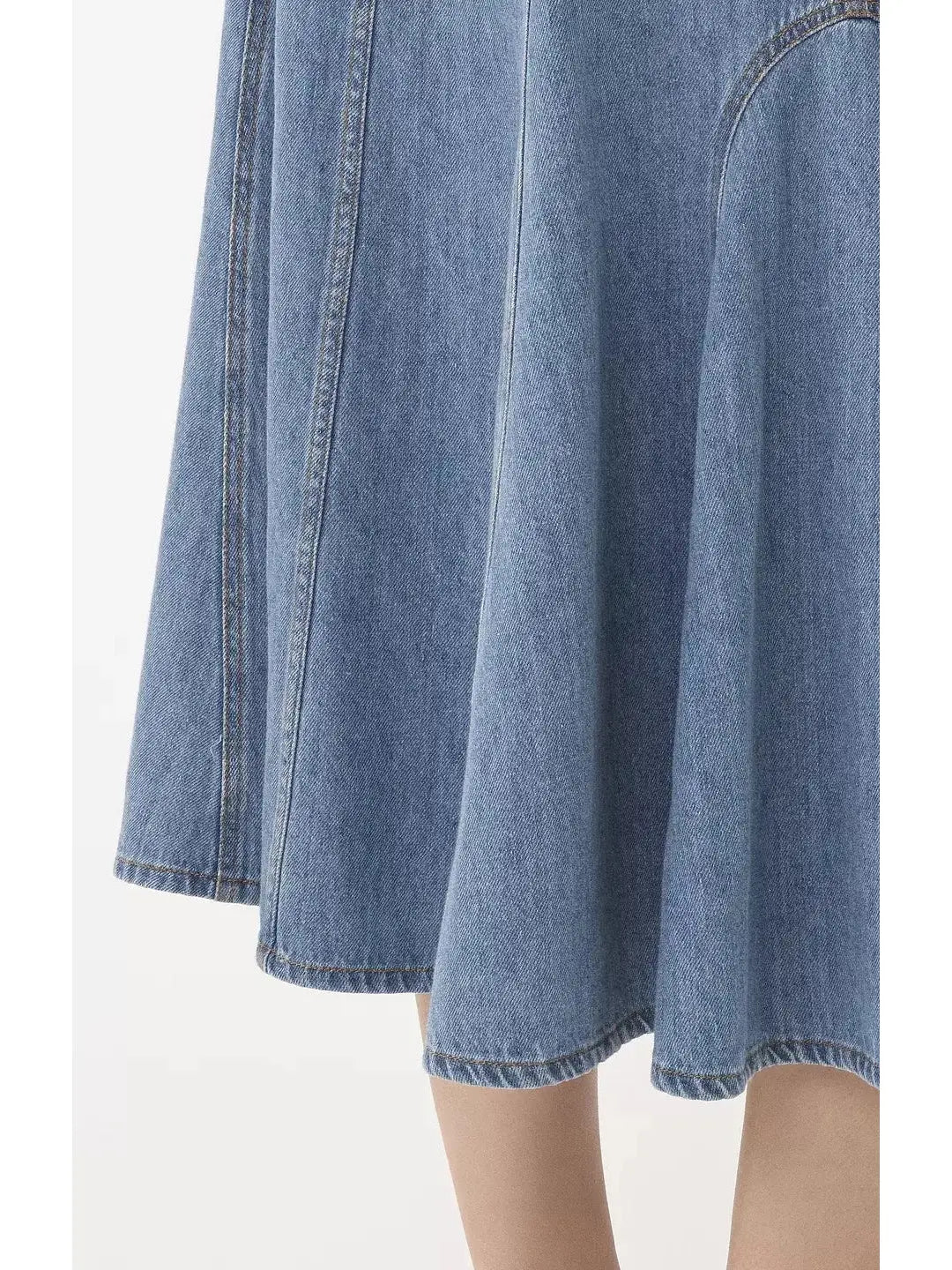 Denim Flared Vintage-Wash Laser-Cut Midi Skirt - Skirts