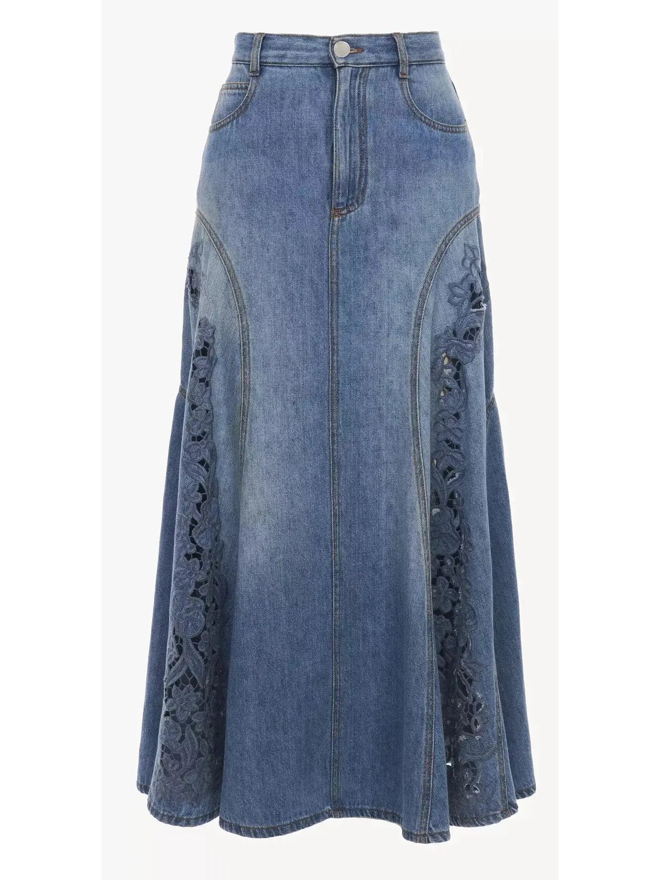 Denim Flared Vintage-Wash Laser-Cut Midi Skirt - Skirts