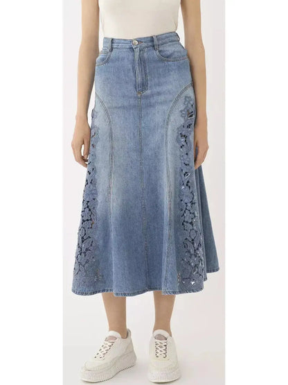 Denim Flared Vintage-Wash Laser-Cut Midi Skirt - Skirts