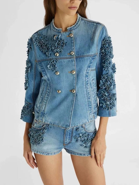 Denim jacket and shorts set with floral appliques from Branna Couture