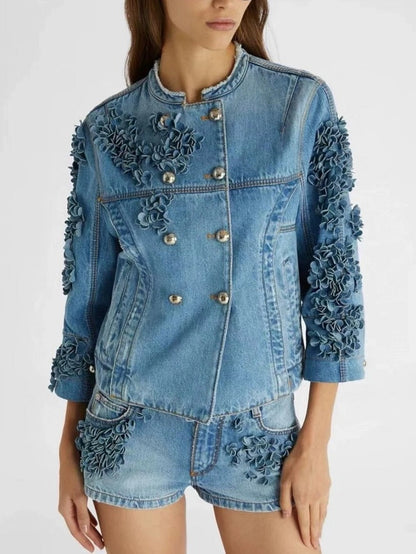 Denim jacket and shorts with floral appliques from Branna Couture short set