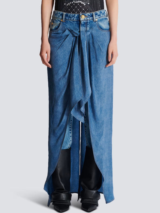 Blue Denim Wrap Pants featured in a stylish Draped Wrap Skirt design