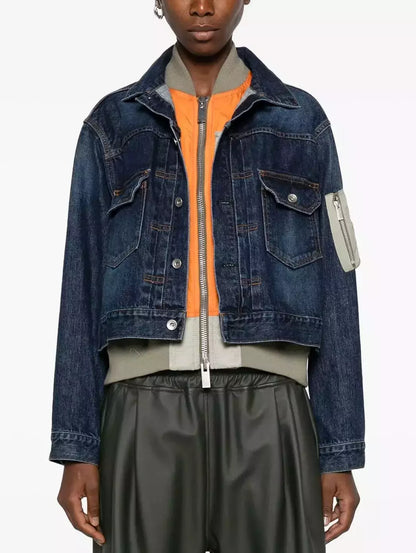 Denim Mix Layered Blouson Jacket - Jackets