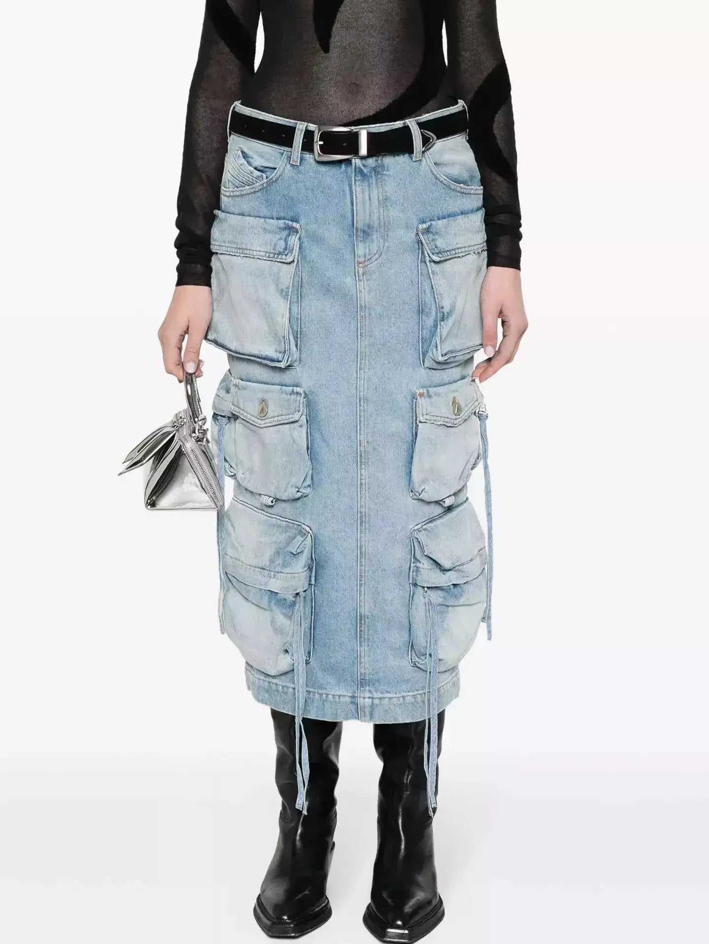 Denim Multi-Pocket Cargo Midi Skirt - Skirts