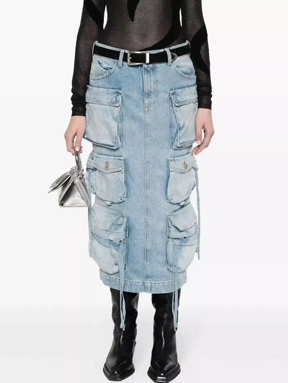 Denim Multi-Pocket Cargo Midi Skirt - Skirts