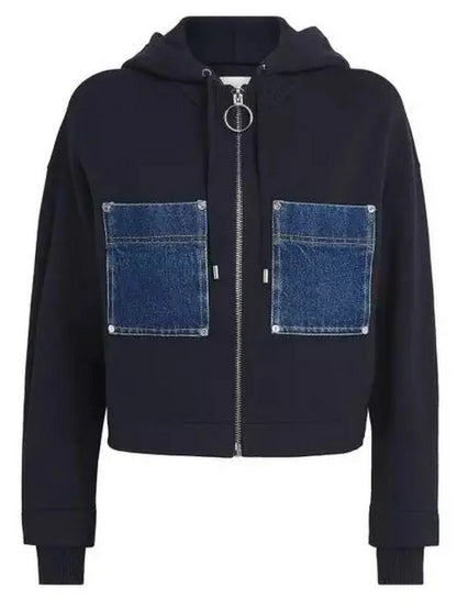 Denim Patch-Pocket Zip Front Hoodie - Tops
