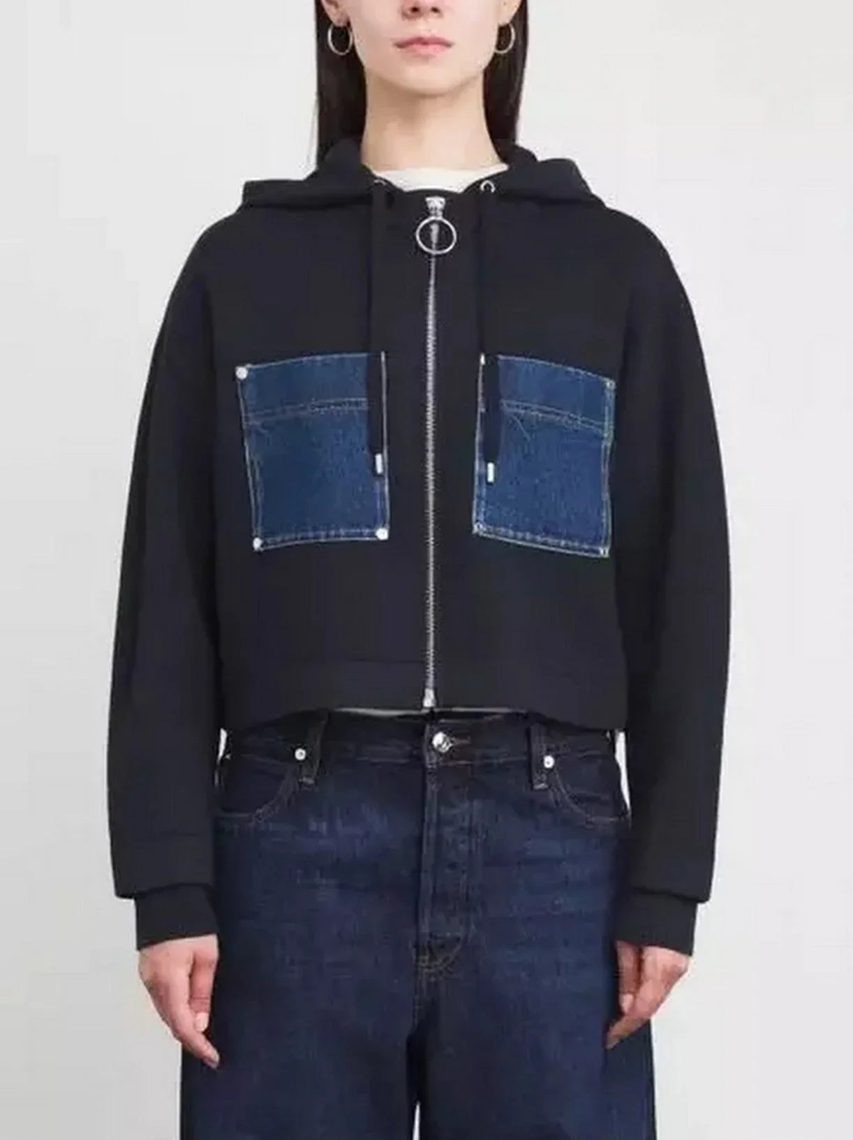 Denim Patch-Pocket Zip Front Hoodie - Tops