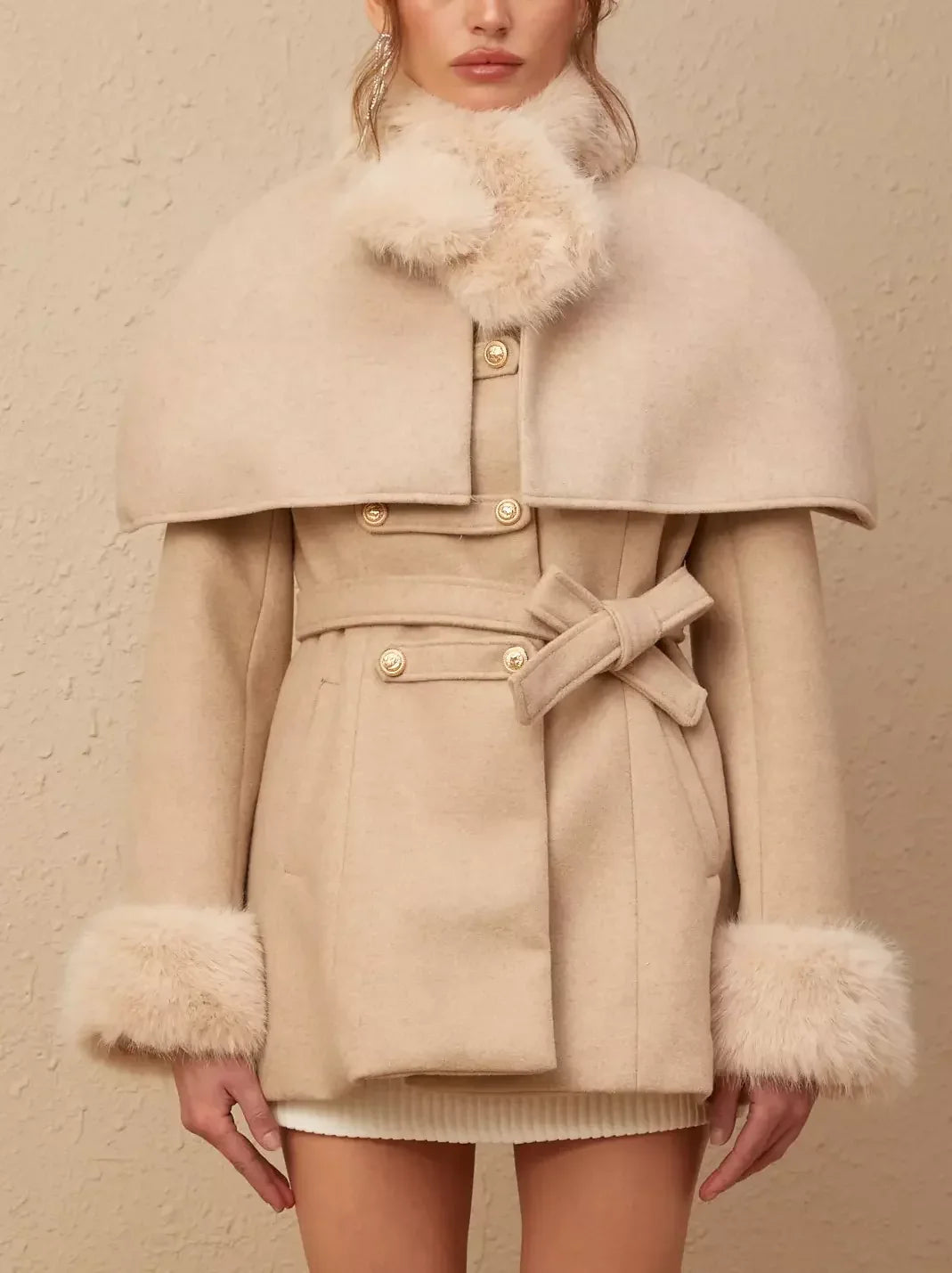 Beige detachable faux-fur cape coat with stylish fur trim for versatile style