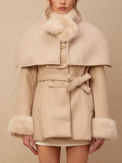 Beige detachable faux-fur cape coat with stylish fur trim for versatile style