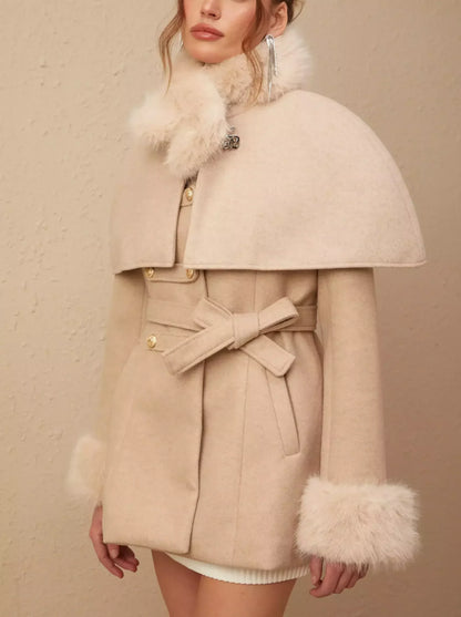 Beige Detachable Faux-Fur Cape Coat featuring a stylish fur trim for versatile style