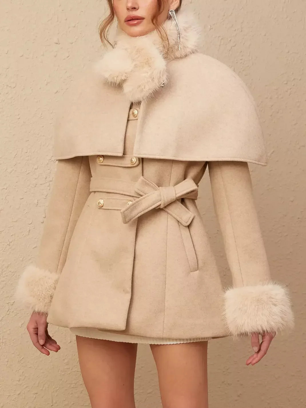 Beige faux-fur cape coat showcasing versatile style in Detachable Faux-Fur Cape collection