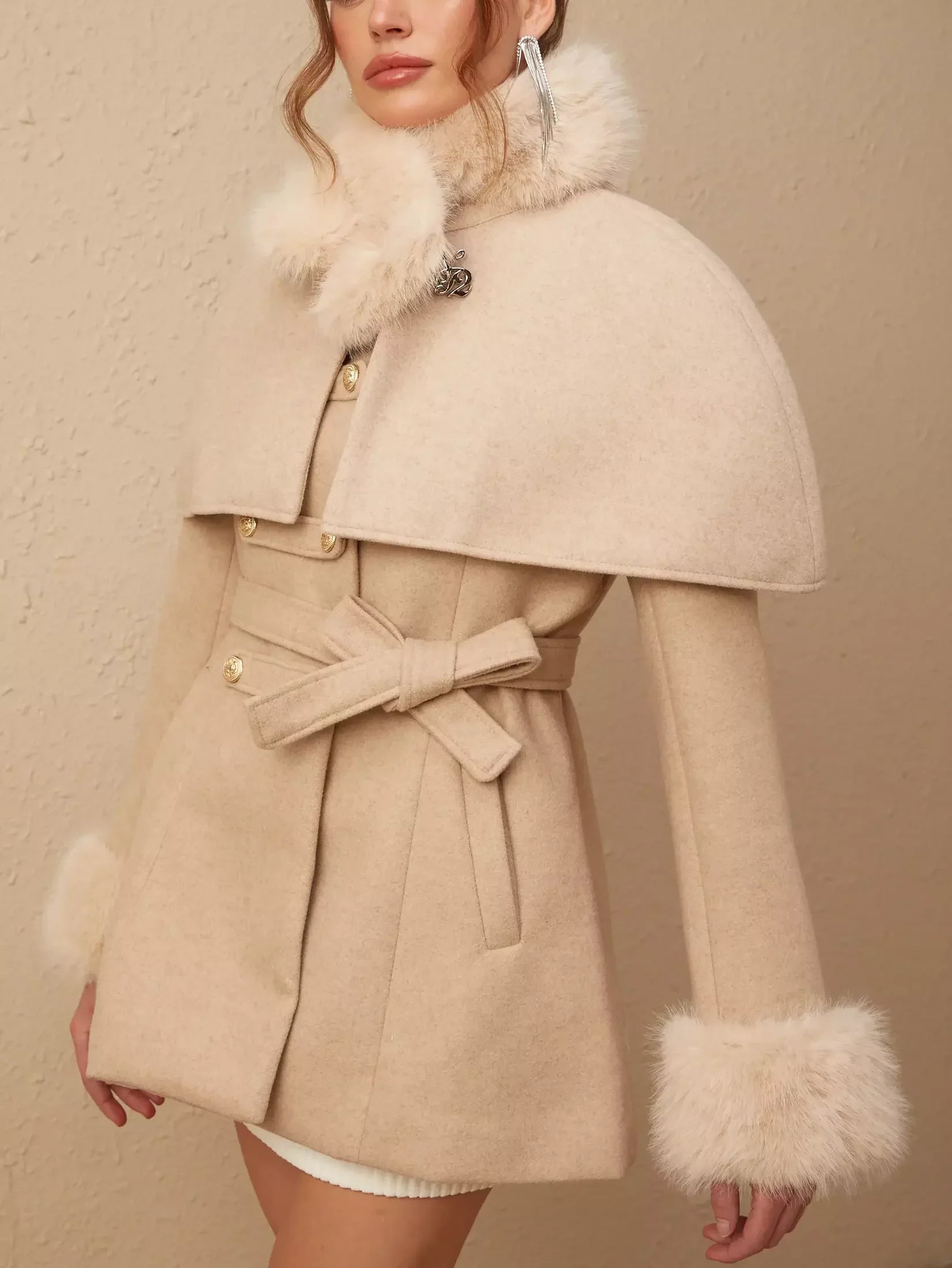 Beige detachable faux-fur cape coat with stylish fur trim for versatile style