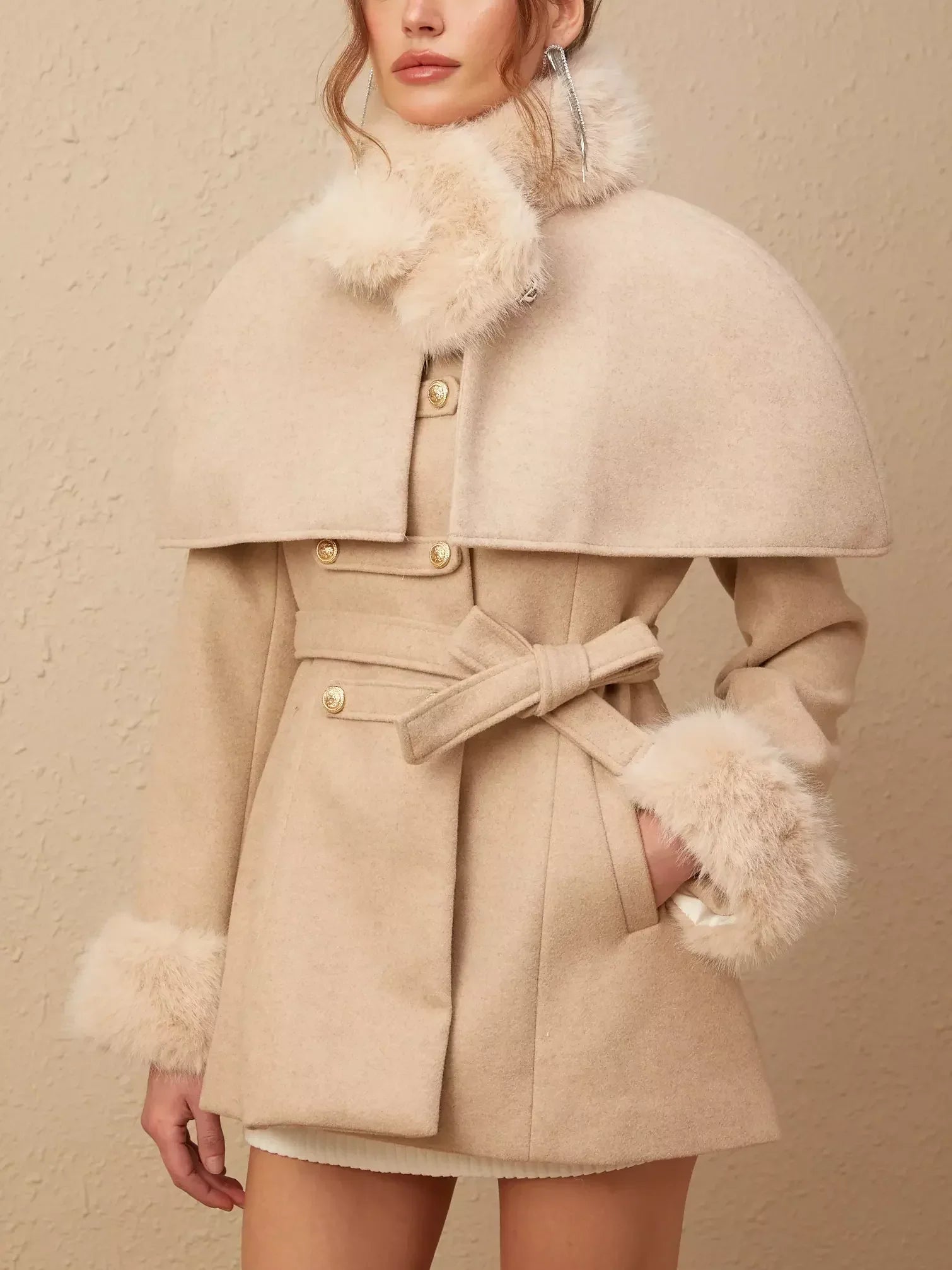 Beige Detachable Faux-Fur Cape Coat showcasing versatile style with faux fur trim