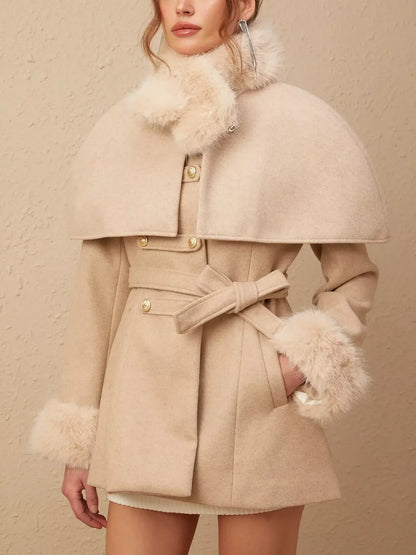 Beige Detachable Faux-Fur Cape Coat showcasing versatile style with faux fur trim
