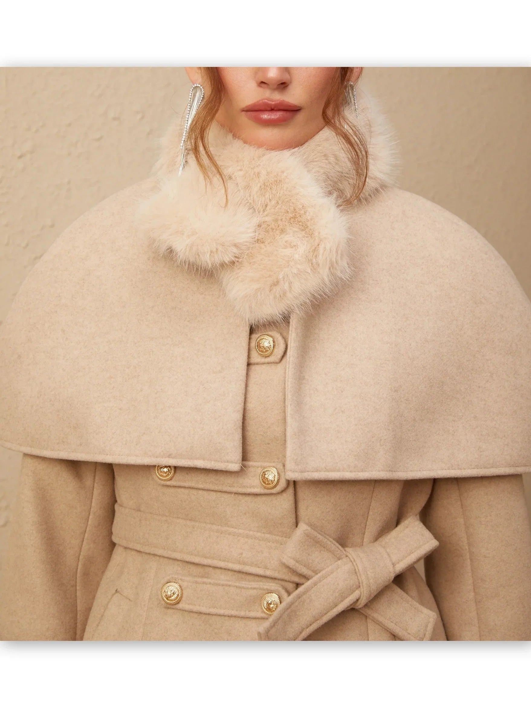 Beige Detachable Faux-Fur Cape Coat featuring a stylish faux-fur collar for versatile style