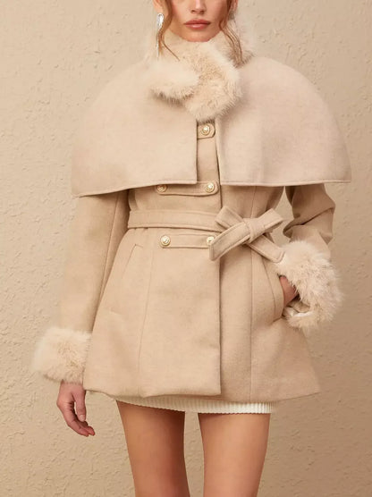 Beige detachable faux-fur cape coat featuring luxurious fur trim for versatile style
