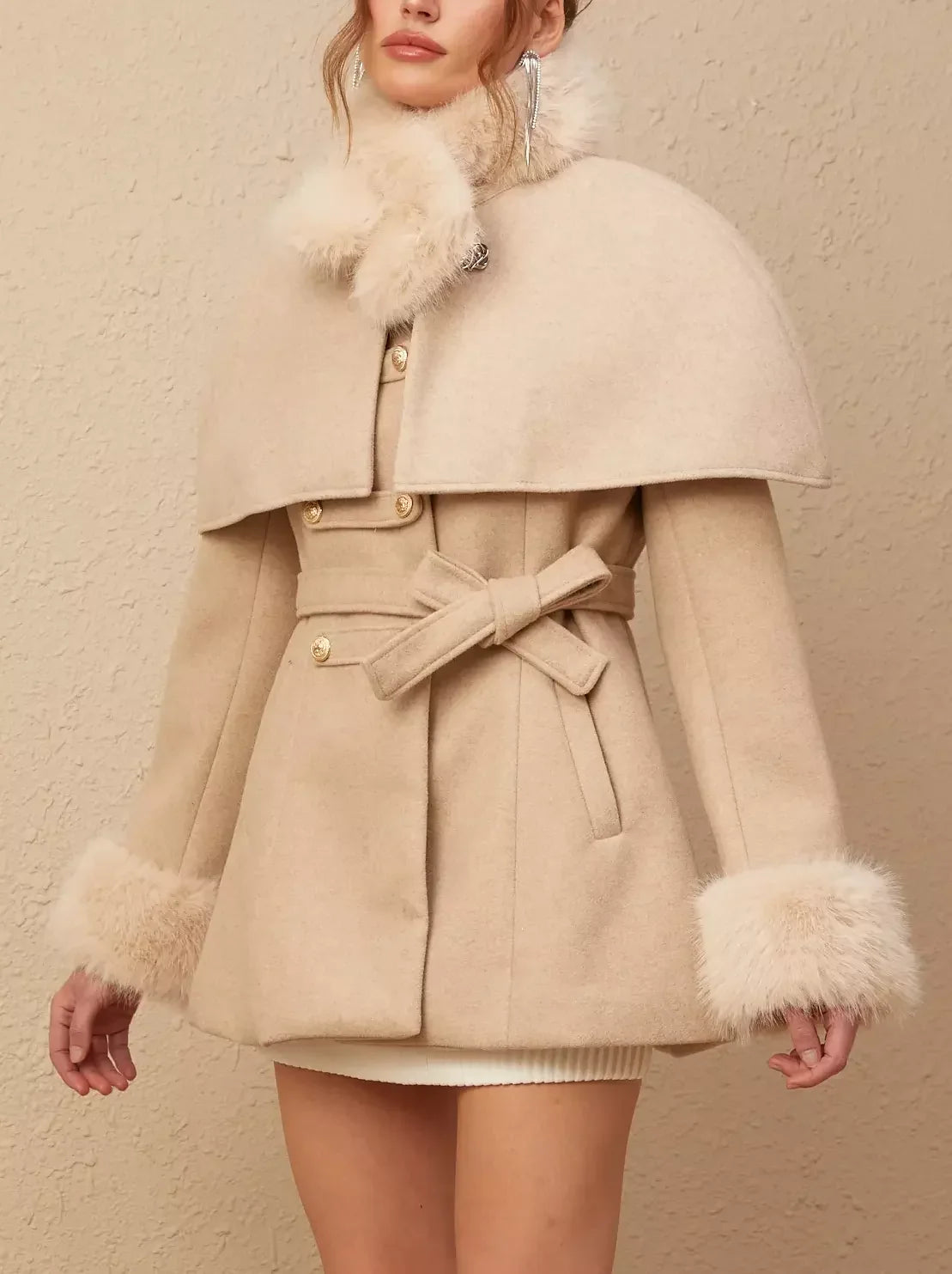 Beige faux-fur cape coat showcasing versatile style with detachable faux-fur cape