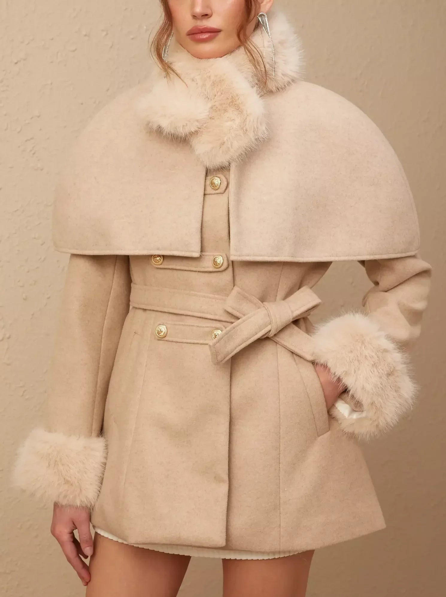 Beige Detachable Faux-Fur Cape Coat featuring versatile style and luxurious trim