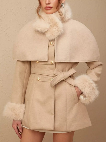 Beige Detachable Faux-Fur Cape Coat featuring versatile style and luxurious trim