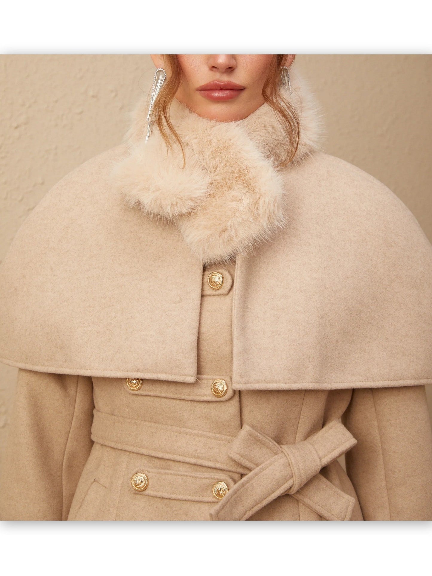 Detachable Faux-Fur Cape Coat in Beige or Black