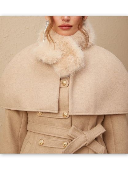 Detachable Faux-Fur Cape Coat in Beige or Black