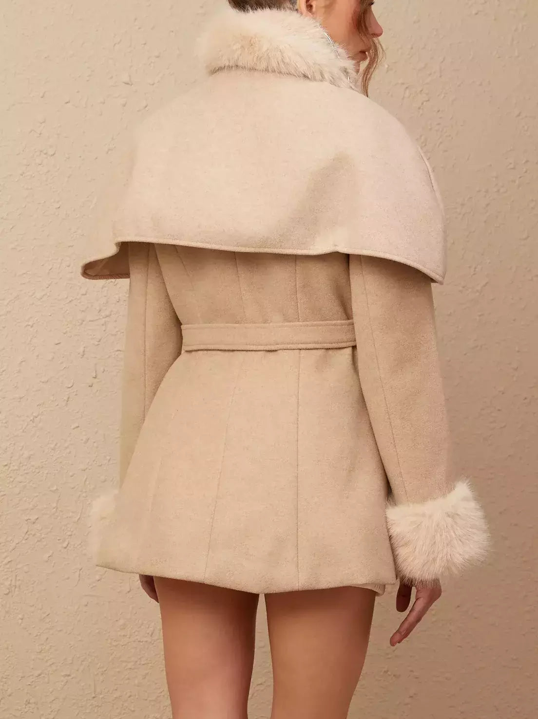 Detachable Faux-Fur Cape Coat in Beige or Black