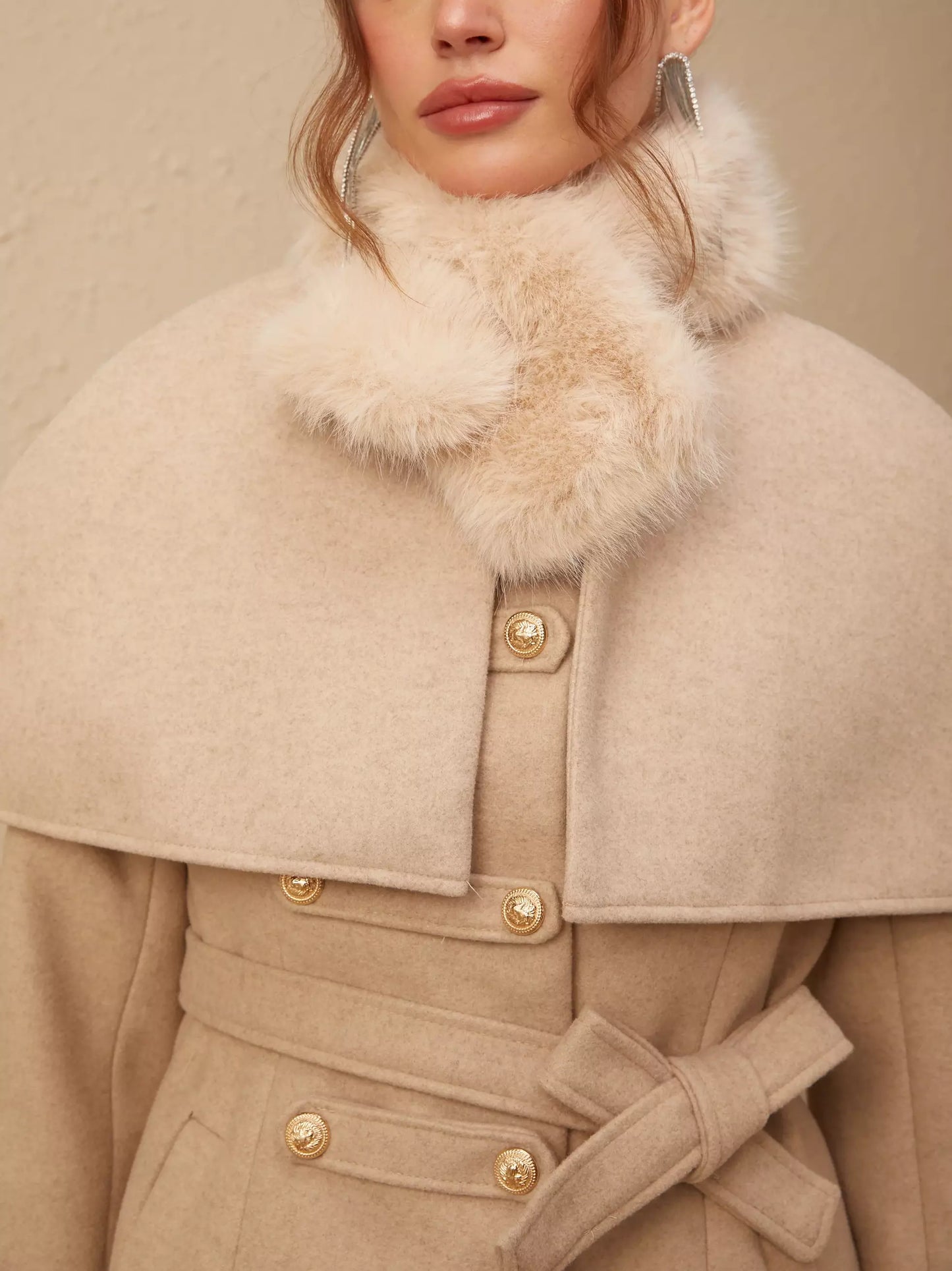 Detachable Faux-Fur Cape Coat in Beige or Black