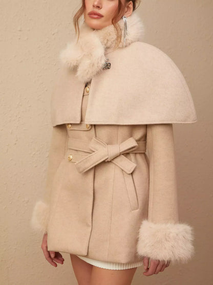 Detachable Faux-Fur Cape Coat in Beige or Black