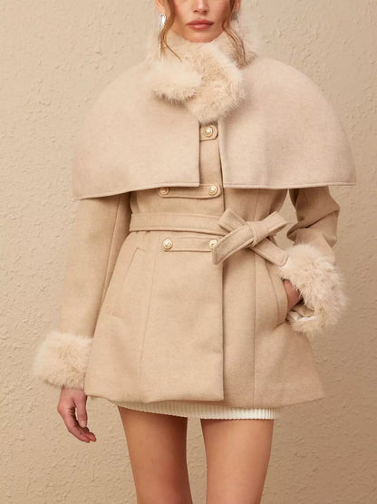 Detachable Faux-Fur Cape Coat in Beige or Black