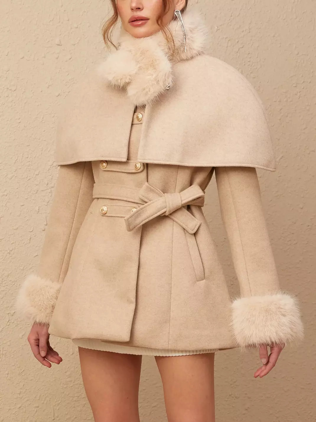 Detachable Faux-Fur Cape Coat in Beige or Black