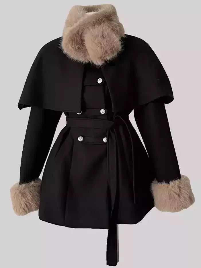 Black faux-fur cape coat showcasing versatile style and detachable faux-fur cape feature