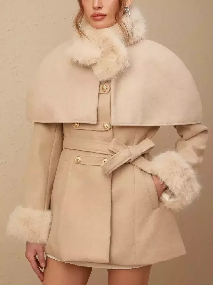 Beige detachable faux-fur cape coat featuring elegant fur trim for versatile style