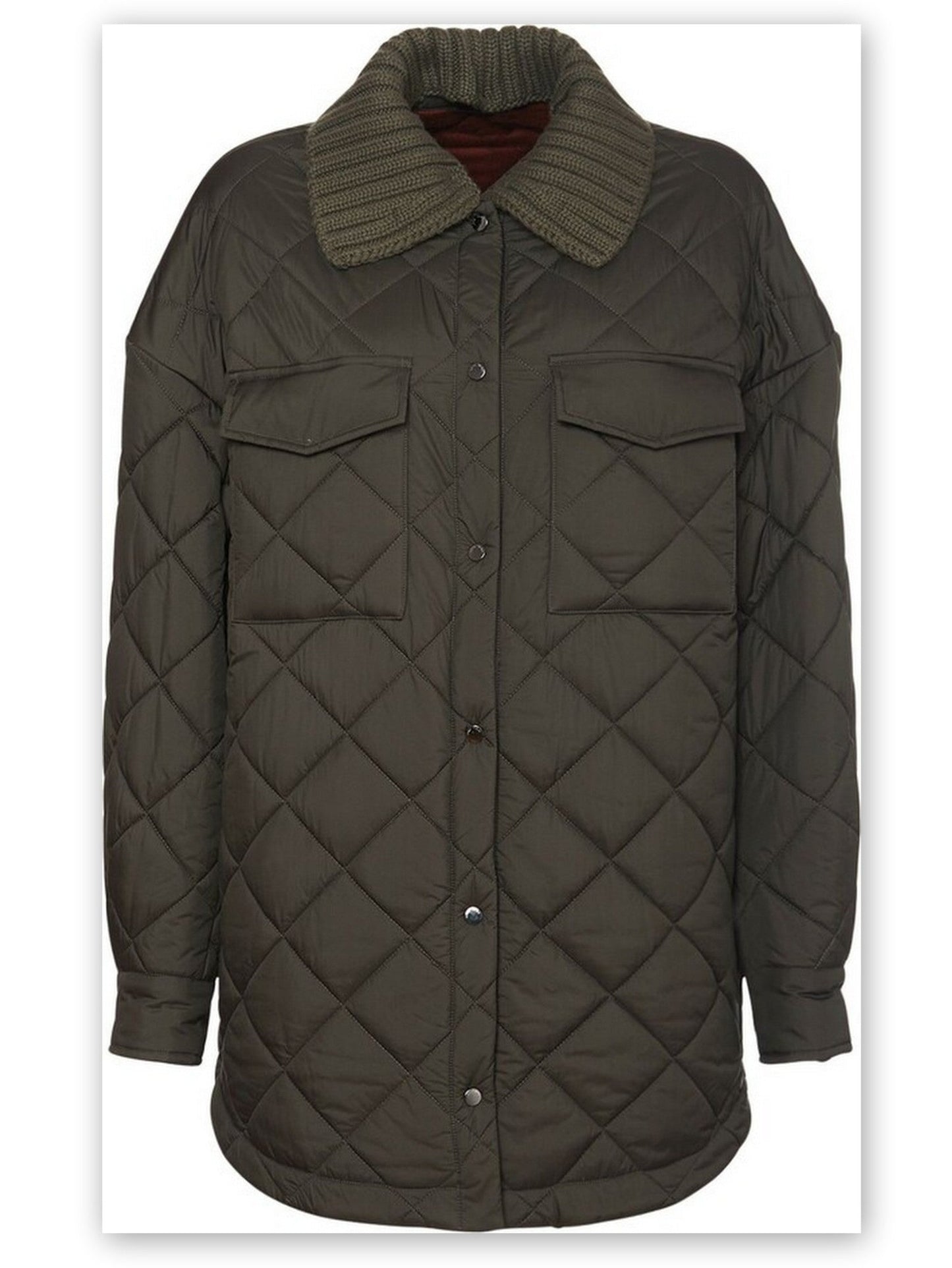 Diamond Quilted Jacket with Knit Collar in Green - Jackets