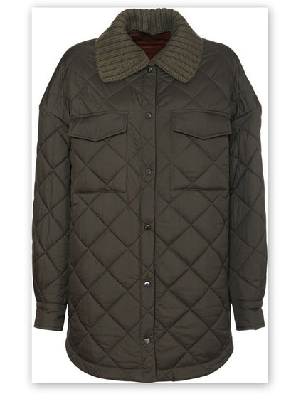 Diamond Quilted Jacket with Knit Collar in Green - Jackets