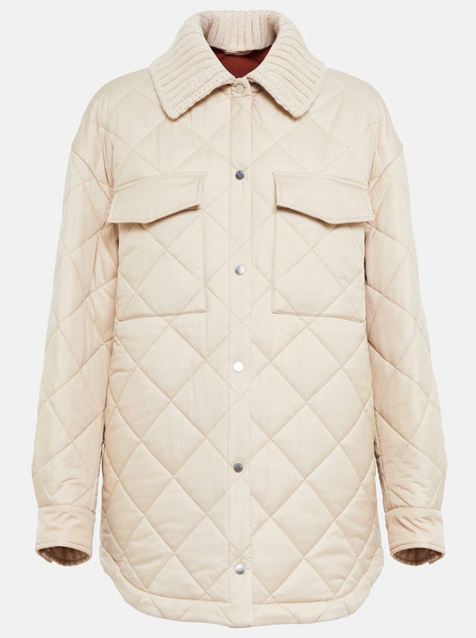 Diamond Quilted Jacket with Knit Collar - Jackets